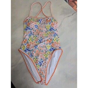 Floral One Piece Swimsuit Ric-Rac Trim Ruched V-Neck Criss Cross Back Orange S